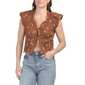 US TOGETHER Brown/white Pull Sleeve Tie Front Floral Top